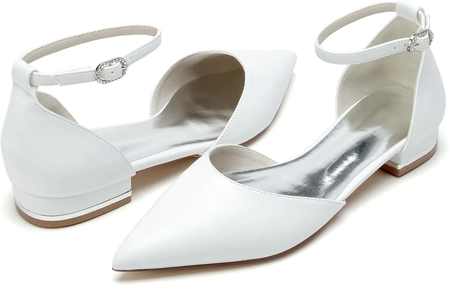 Hanfike Girls Womens Pointed Toe Satin Wedding Flats for Bride Ankle Strap Evening Shoes JY318