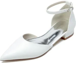 Hanfike Girls Womens Pointed Toe Satin Wedding Flats for Bride Ankle Strap Evening Shoes JY318