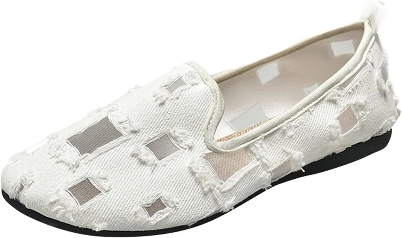Hbeylia Flats Shoes Women Fashion Casual Ripped Denim Slip On Loafer Sneakers Soft Lightweight Travel Walking Shoes Dress Ballet Flats Boat Shoes For Women Ladies