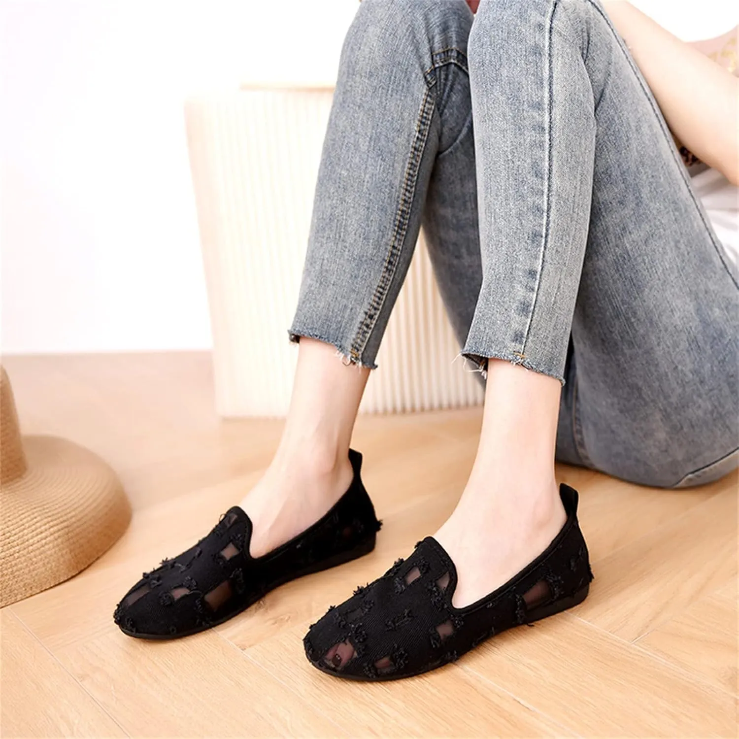 Hbeylia Flats Shoes Women Fashion Casual Ripped Denim Slip On Loafer Sneakers Soft Lightweight Travel Walking Shoes Dress Ballet Flats Boat Shoes For Women Ladies