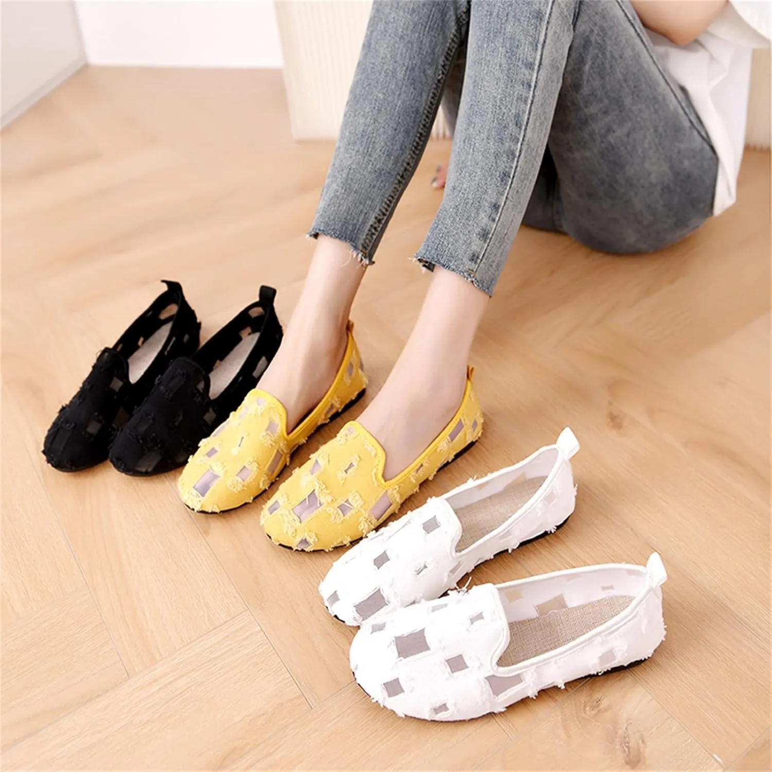 Hbeylia Flats Shoes Women Fashion Casual Ripped Denim Slip On Loafer Sneakers Soft Lightweight Travel Walking Shoes Dress Ballet Flats Boat Shoes For Women Ladies