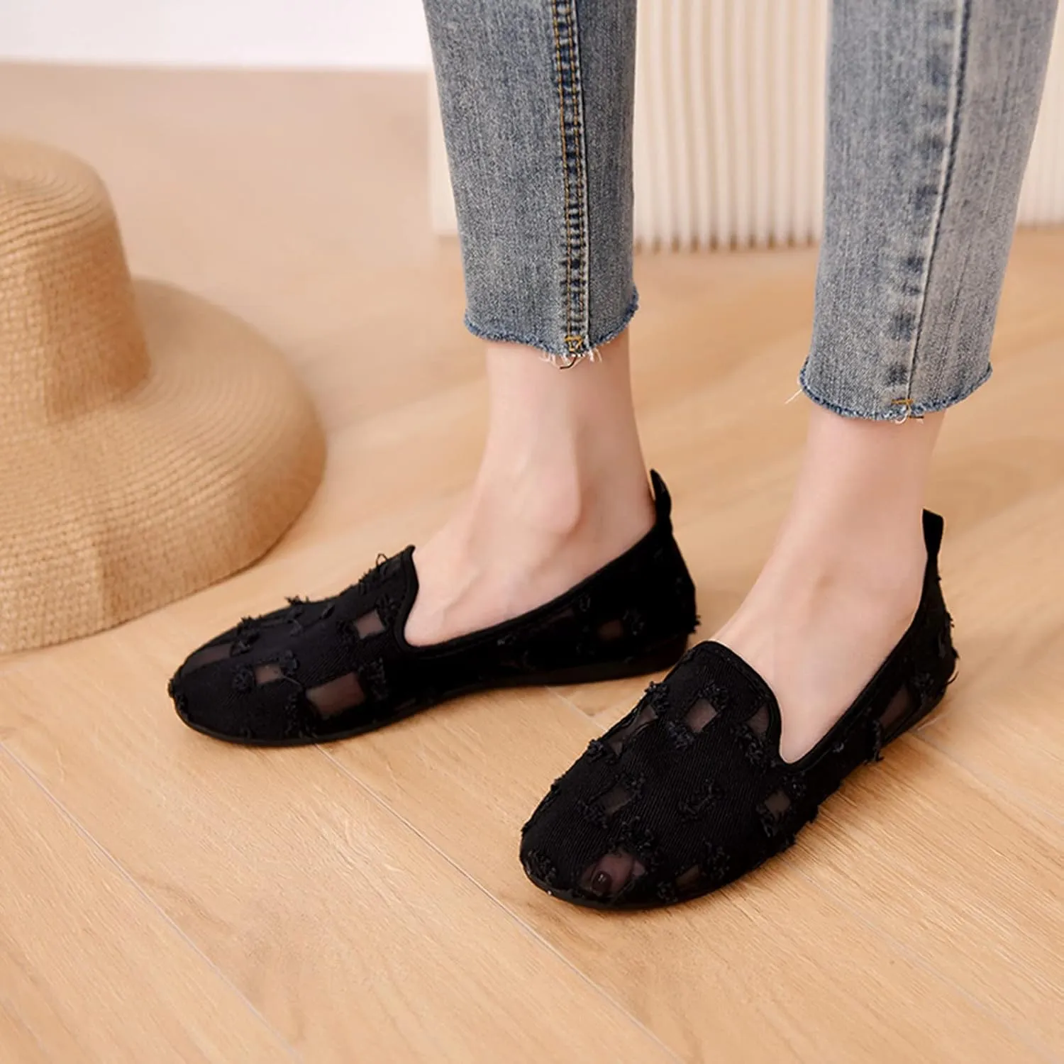 Hbeylia Flats Shoes Women Fashion Casual Ripped Denim Slip On Loafer Sneakers Soft Lightweight Travel Walking Shoes Dress Ballet Flats Boat Shoes For Women Ladies