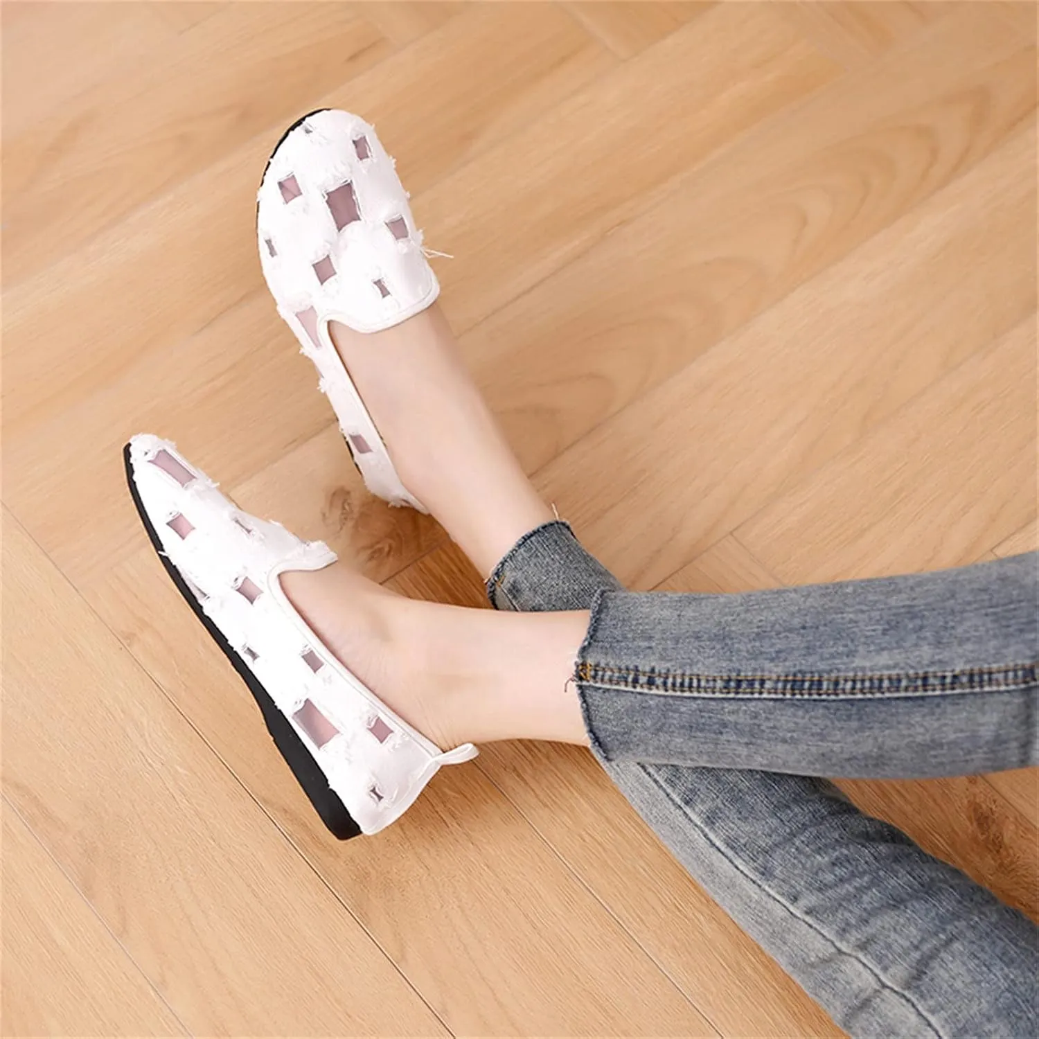 Hbeylia Flats Shoes Women Fashion Casual Ripped Denim Slip On Loafer Sneakers Soft Lightweight Travel Walking Shoes Dress Ballet Flats Boat Shoes For Women Ladies