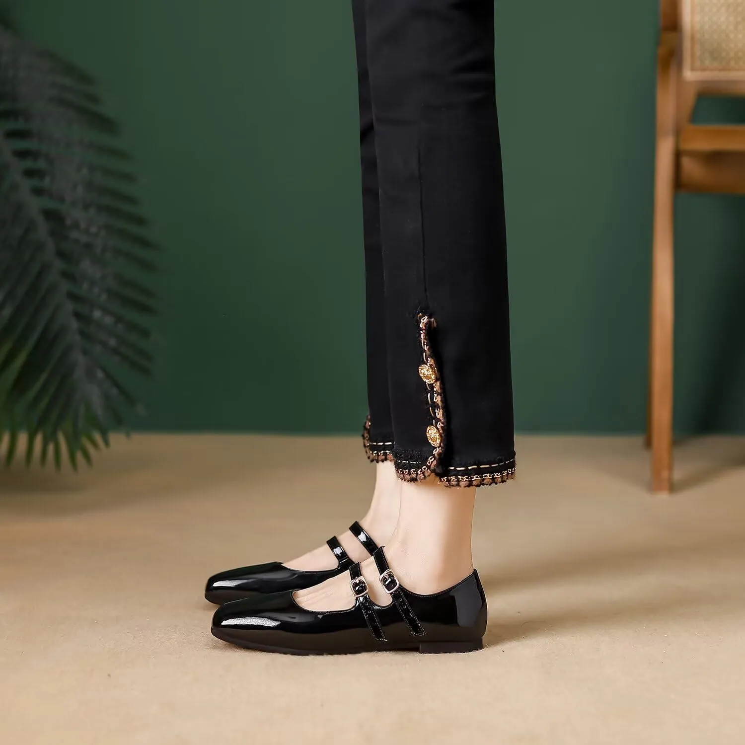 Hee grand Mary Jane Flats for Women Patent Leather Dress Shoes Square Toe Adjustable Buckle Strap Ballet Flats