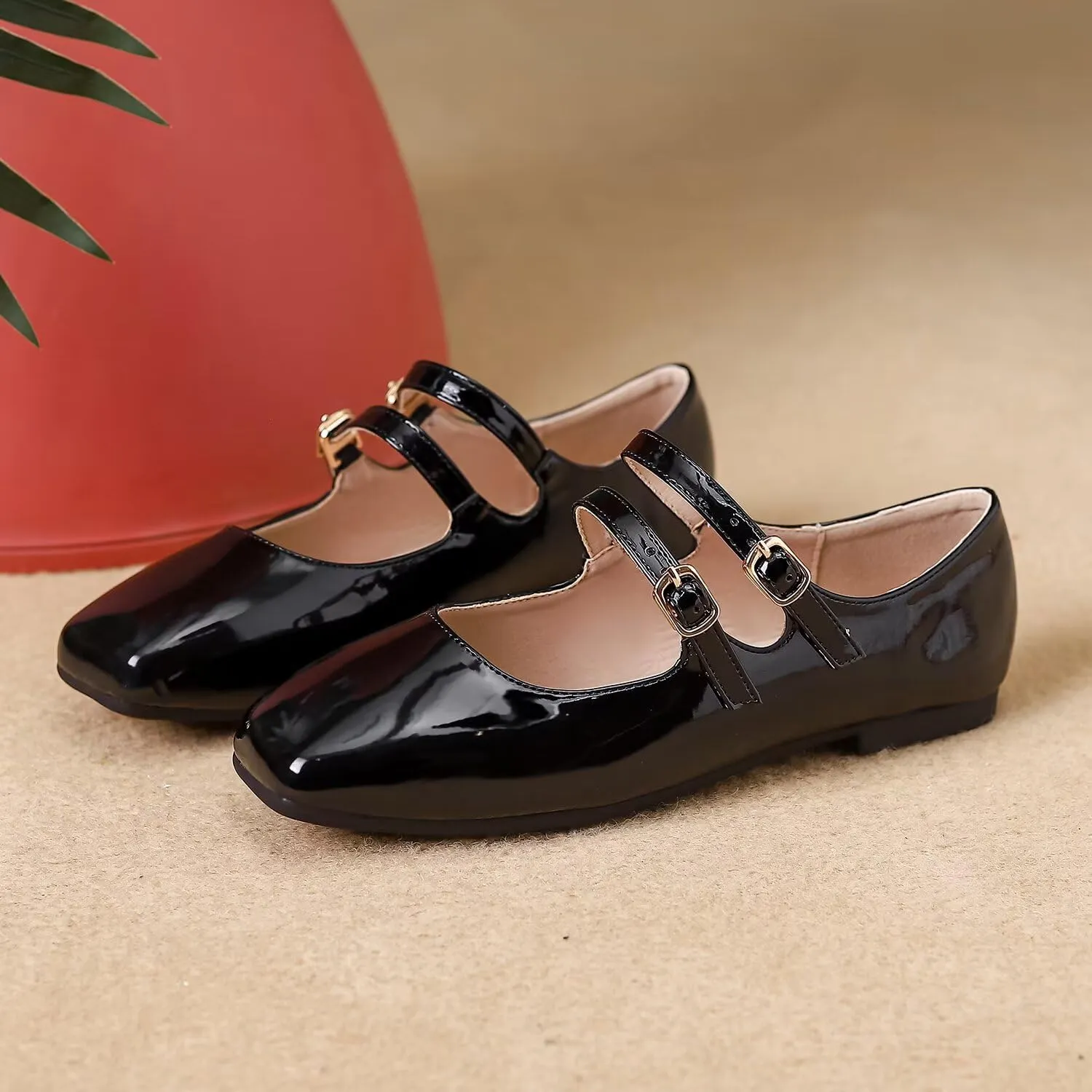 Hee grand Mary Jane Flats for Women Patent Leather Dress Shoes Square Toe Adjustable Buckle Strap Ballet Flats