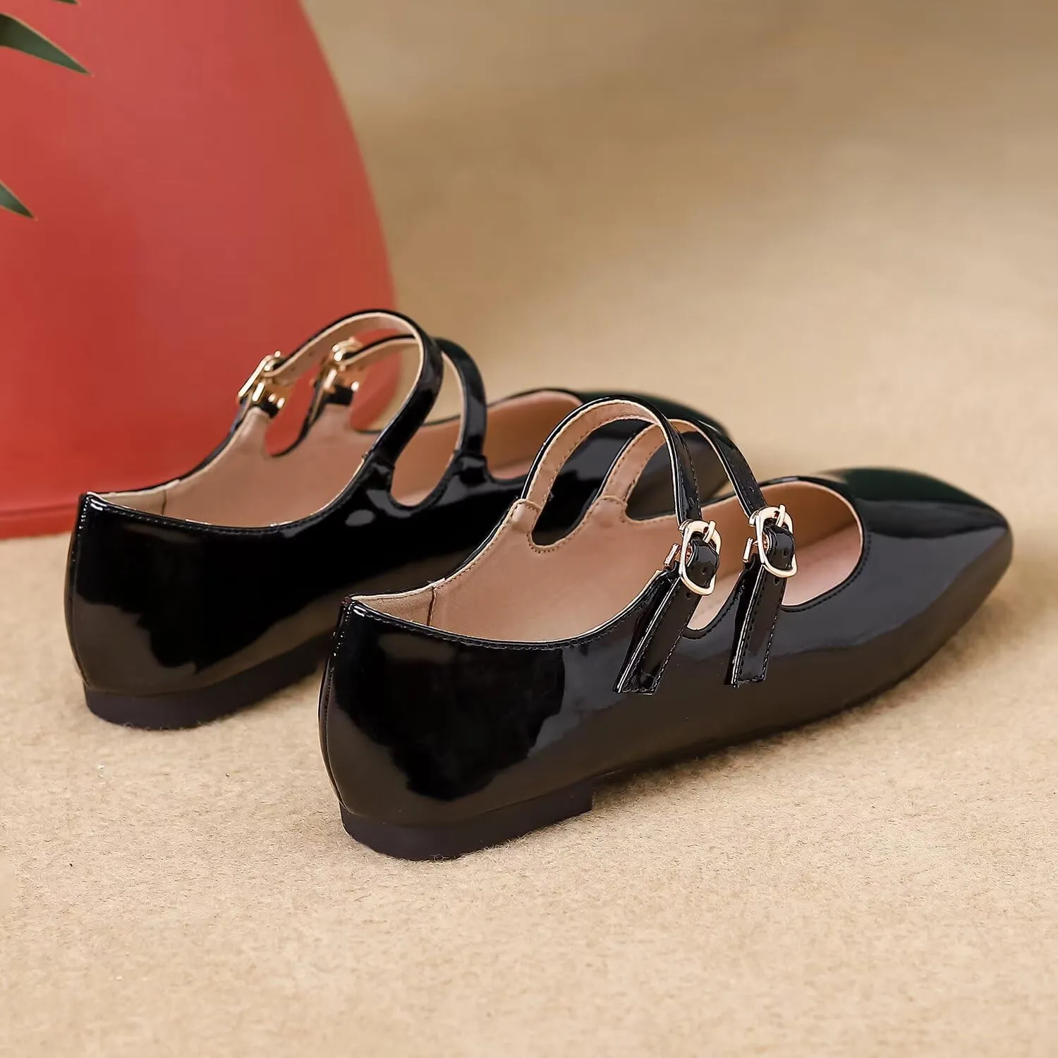 Hee grand Mary Jane Flats for Women Patent Leather Dress Shoes Square Toe Adjustable Buckle Strap Ballet Flats
