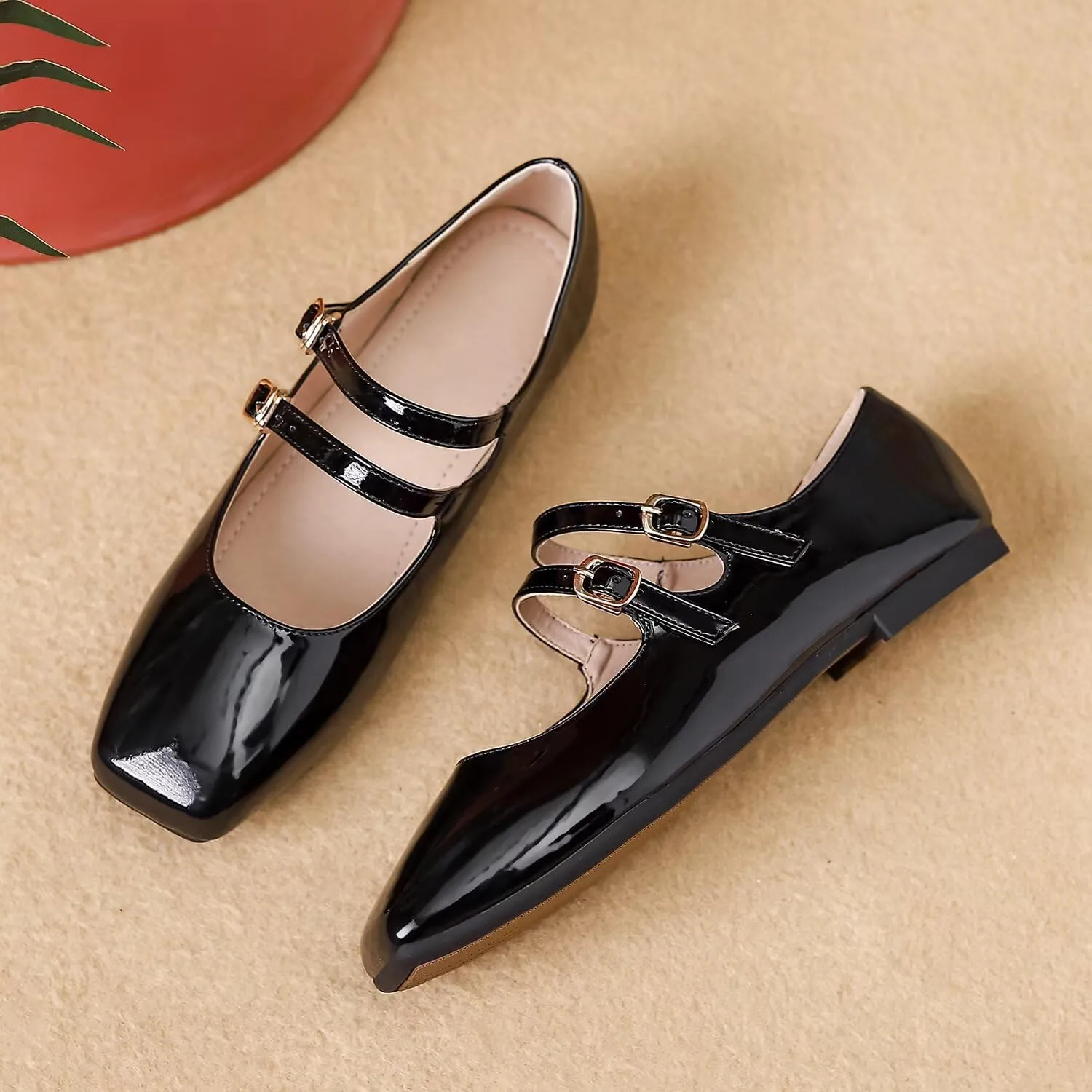 Hee grand Mary Jane Flats for Women Patent Leather Dress Shoes Square Toe Adjustable Buckle Strap Ballet Flats