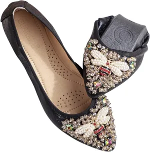 Hee grand Women Foldable Ballet Flats Bling Rhinestones Soft Leather Pointy Toe Flats Sparkle Wedding Dress Shoes Comfort Slip on Loafers Big Size