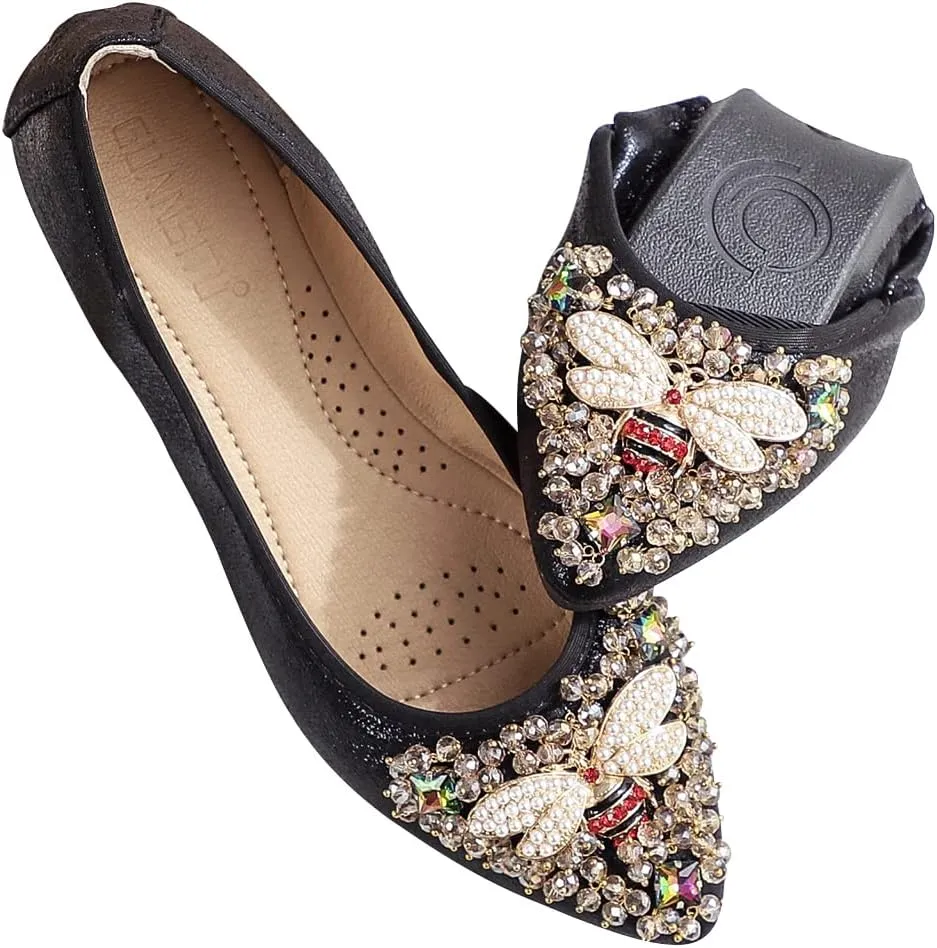 Hee grand Women Foldable Ballet Flats Bling Rhinestones Soft Leather Pointy Toe Flats Sparkle Wedding Dress Shoes Comfort Slip on Loafers Big Size