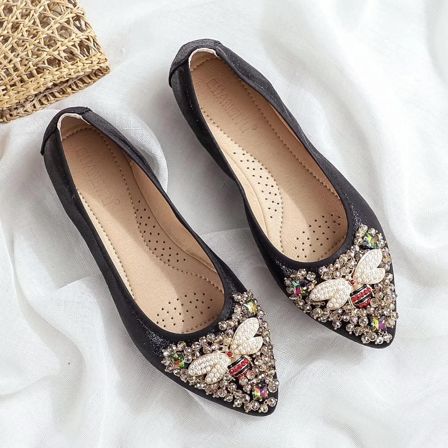 Hee grand Women Foldable Ballet Flats Bling Rhinestones Soft Leather Pointy Toe Flats Sparkle Wedding Dress Shoes Comfort Slip on Loafers Big Size