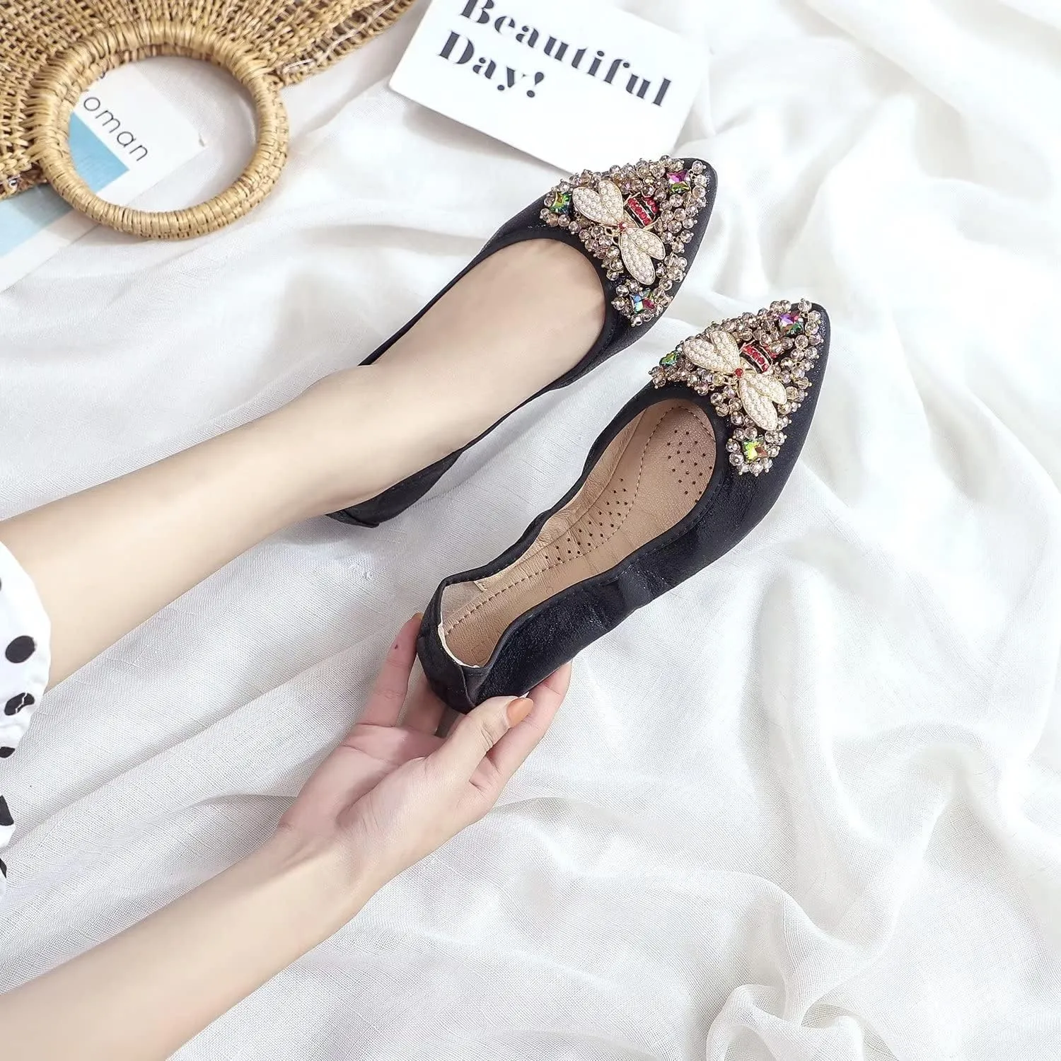 Hee grand Women Foldable Ballet Flats Bling Rhinestones Soft Leather Pointy Toe Flats Sparkle Wedding Dress Shoes Comfort Slip on Loafers Big Size