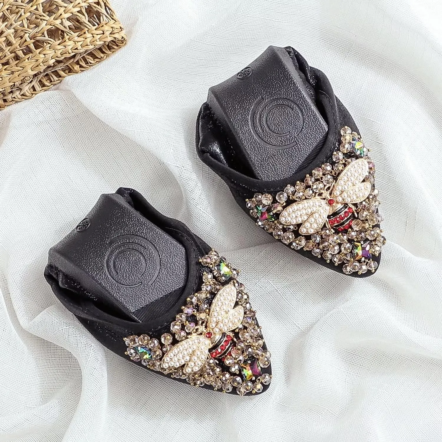 Hee grand Women Foldable Ballet Flats Bling Rhinestones Soft Leather Pointy Toe Flats Sparkle Wedding Dress Shoes Comfort Slip on Loafers Big Size