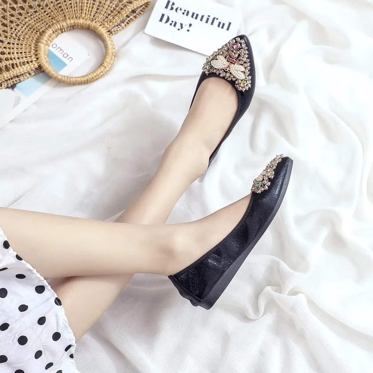 Hee grand Women Foldable Ballet Flats Bling Rhinestones Soft Leather Pointy Toe Flats Sparkle Wedding Dress Shoes Comfort Slip on Loafers Big Size
