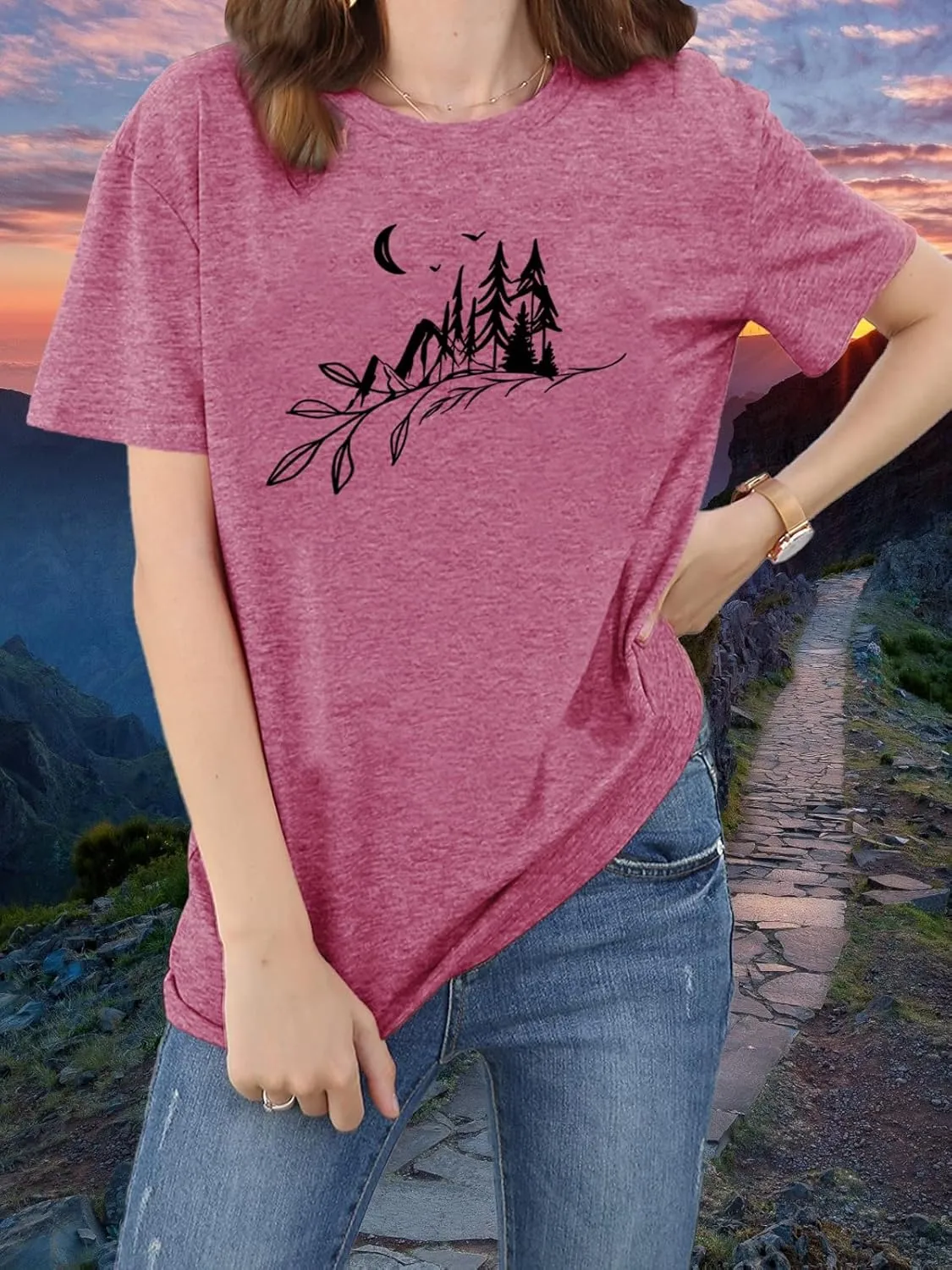 Hiking Mountain Tank Tops for Women Funny Pine Tree Sunrise Graphic Workout Tanks Summer Sleeveless Loose Fit Shirts Tops
