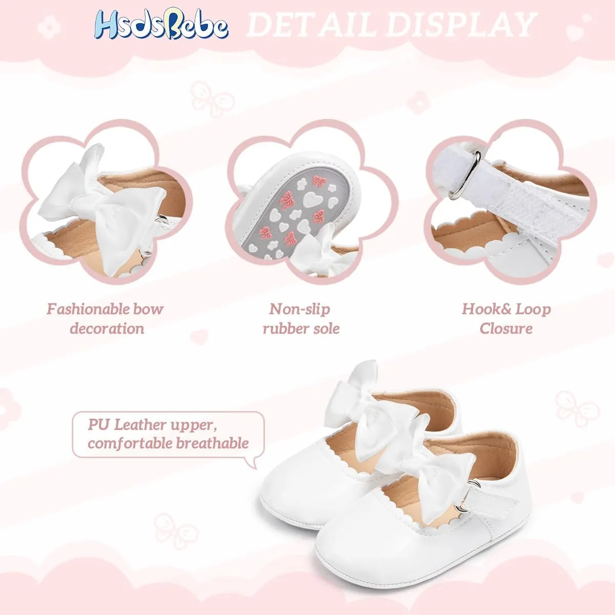 HsdsBebe Infant Baby Girls Mary Jane Flats Bow Non-Slip Soft Sole Princess Toddler First Walkers Sneaker Wedding Dress Shoes