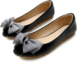 HuangTaiJi Qing Women's Classy Peep Toe Flats Shoes Bow Comfort Slip on Non-Slip Ballets Walking Shoes for Party Dating