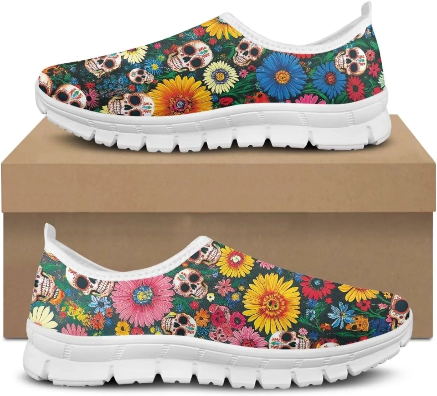 Jeiento Gothic Skull Slip On Shoes for Women Cozy Walking Shoes Fashion Travel Shoes