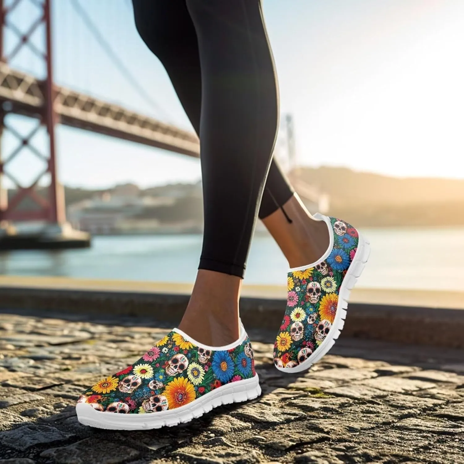 Jeiento Gothic Skull Slip On Shoes for Women Cozy Walking Shoes Fashion Travel Shoes