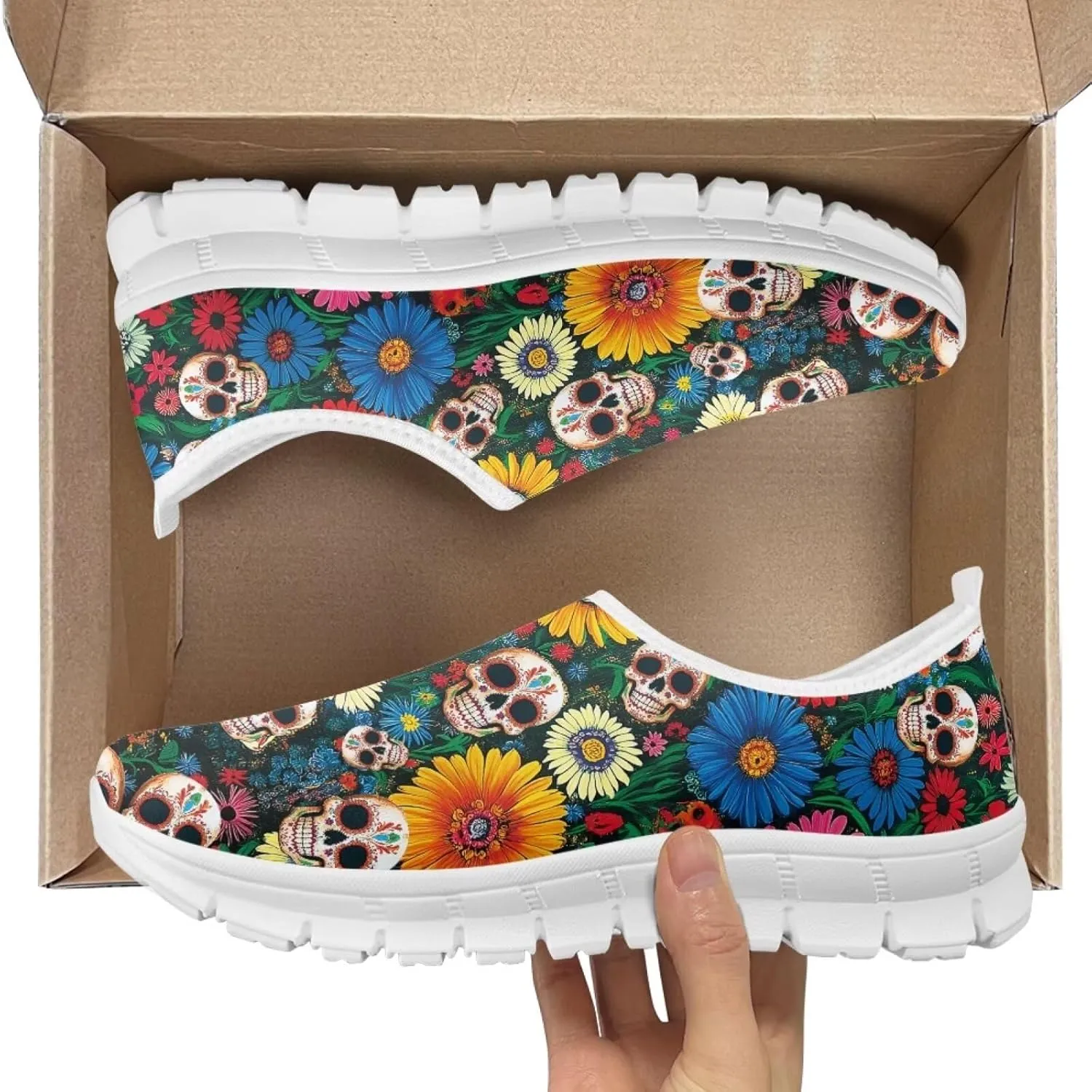 Jeiento Gothic Skull Slip On Shoes for Women Cozy Walking Shoes Fashion Travel Shoes
