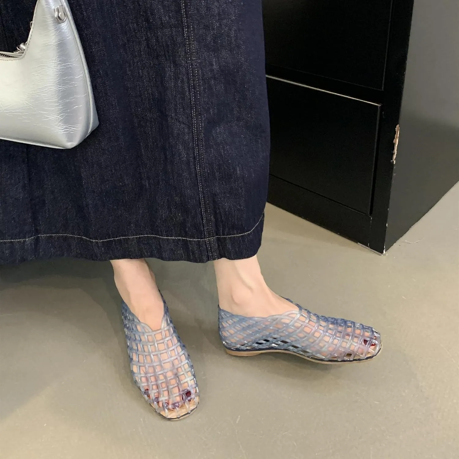 Jelly Mesh Ballet Flats for Women Clear Hollow Jelly Shoes Sandals Round Toe Non-Slip Beach Ballerina Jellies Flats Shoes