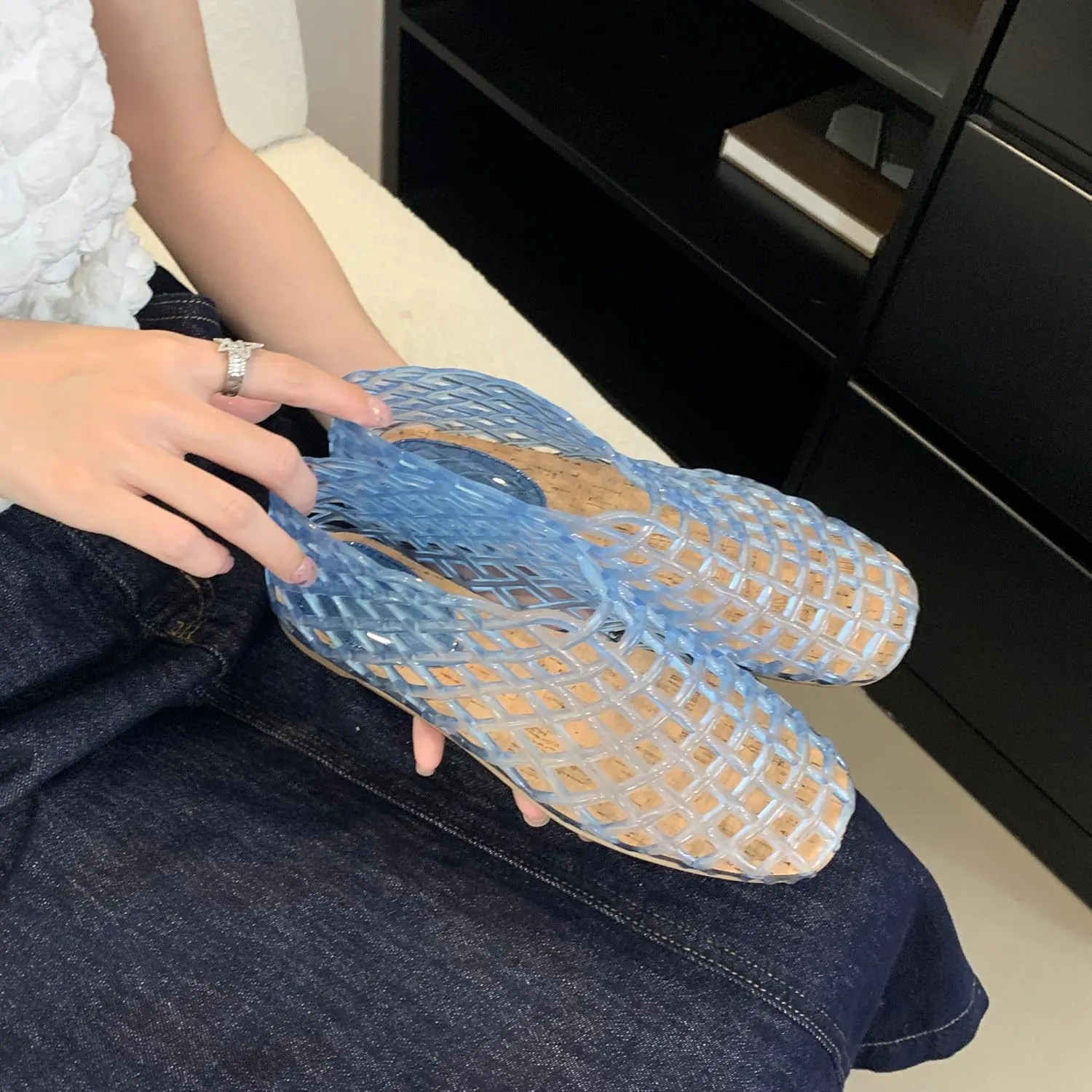Jelly Mesh Ballet Flats for Women Clear Hollow Jelly Shoes Sandals Round Toe Non-Slip Beach Ballerina Jellies Flats Shoes