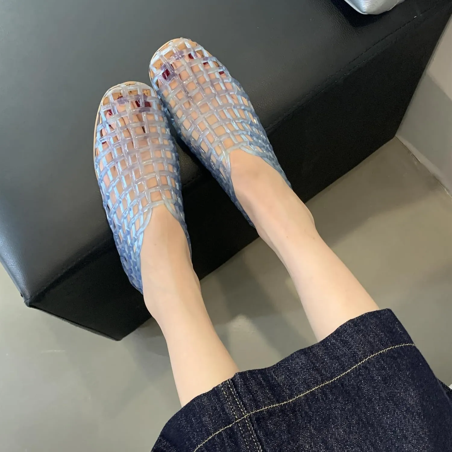 Jelly Mesh Ballet Flats for Women Clear Hollow Jelly Shoes Sandals Round Toe Non-Slip Beach Ballerina Jellies Flats Shoes