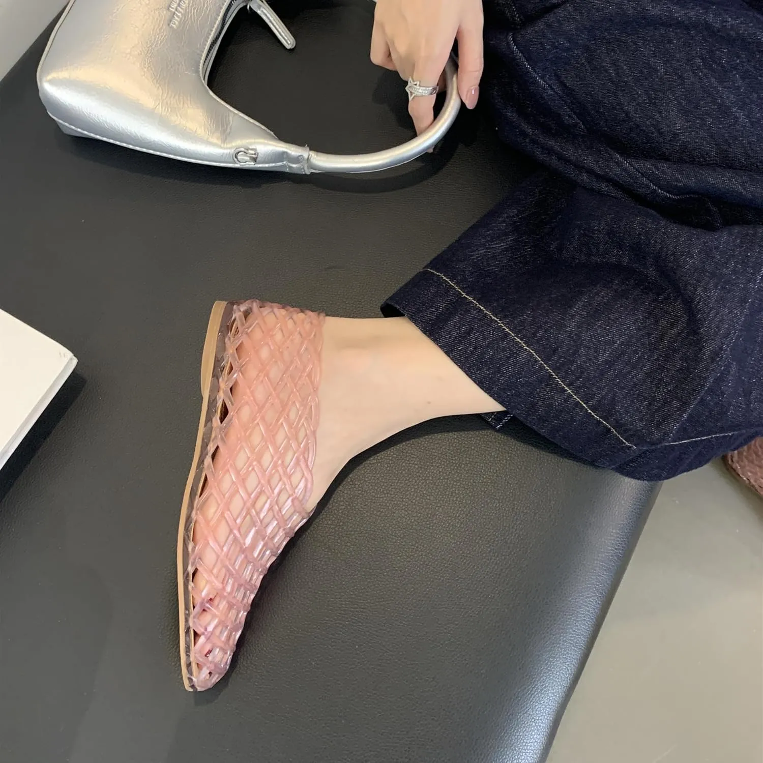 Jelly Mesh Ballet Flats for Women Clear Hollow Jelly Shoes Sandals Round Toe Non-Slip Beach Ballerina Jellies Flats Shoes