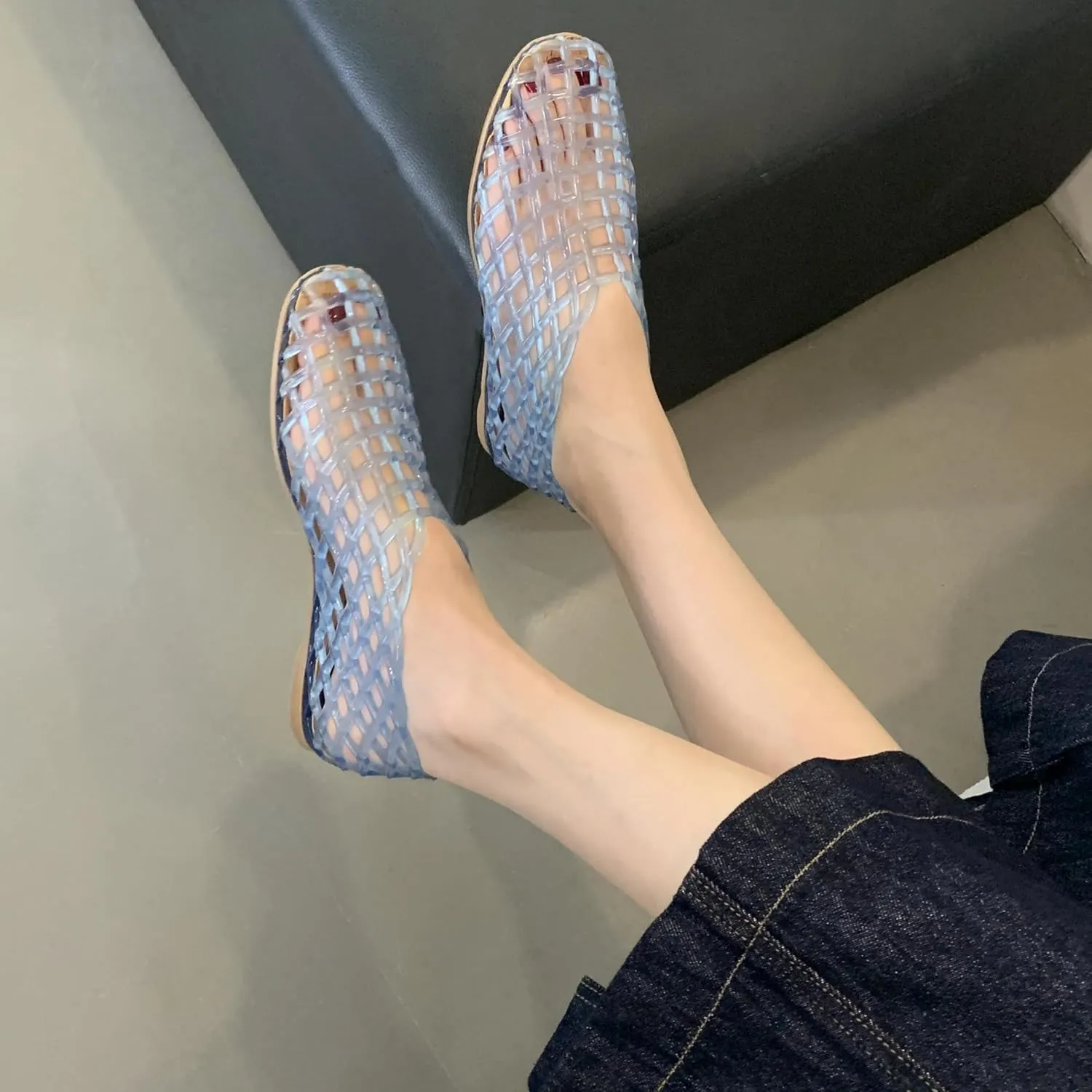 Jelly Mesh Ballet Flats for Women Clear Hollow Jelly Shoes Sandals Round Toe Non-Slip Beach Ballerina Jellies Flats Shoes