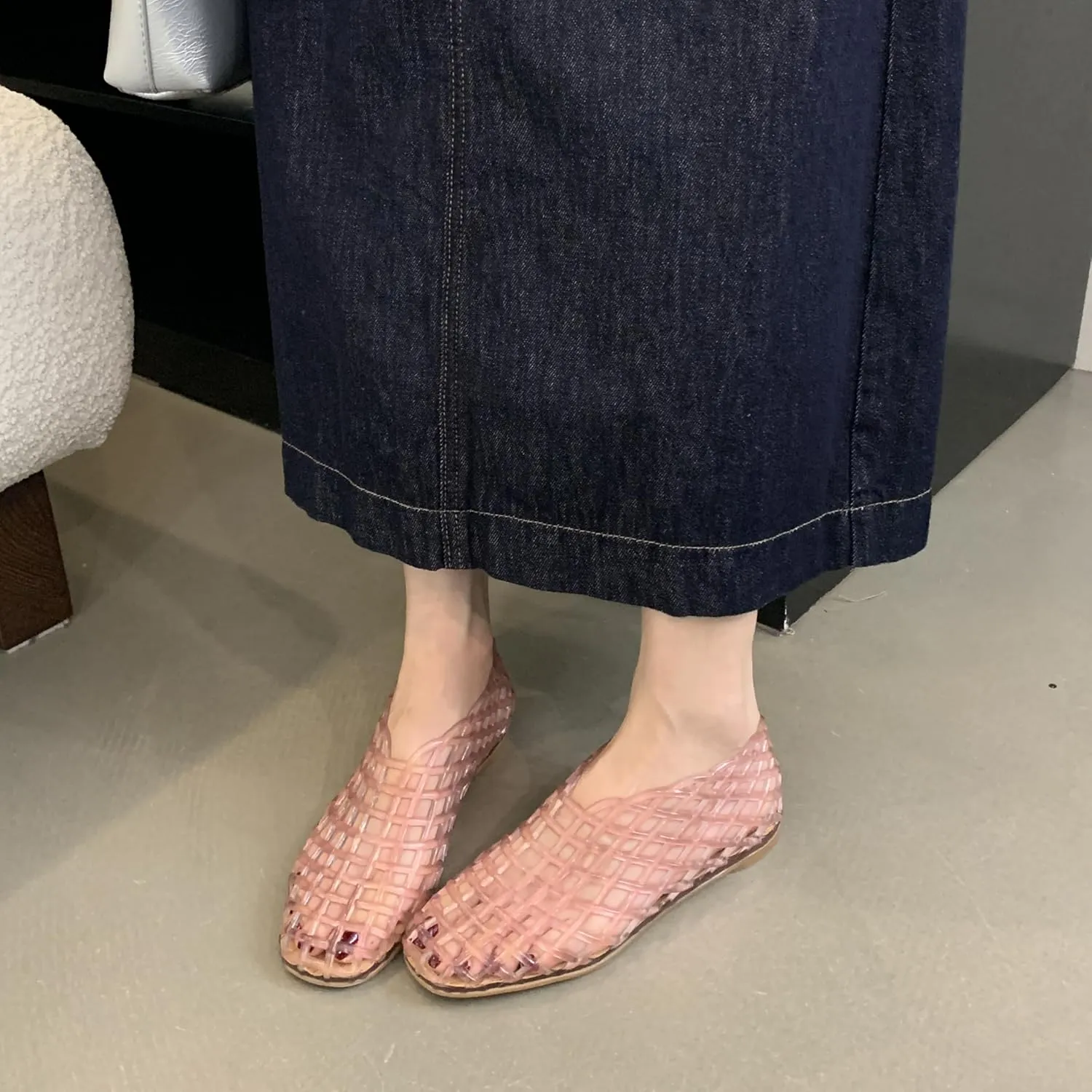 Jelly Mesh Ballet Flats for Women Clear Hollow Jelly Shoes Sandals Round Toe Non-Slip Beach Ballerina Jellies Flats Shoes