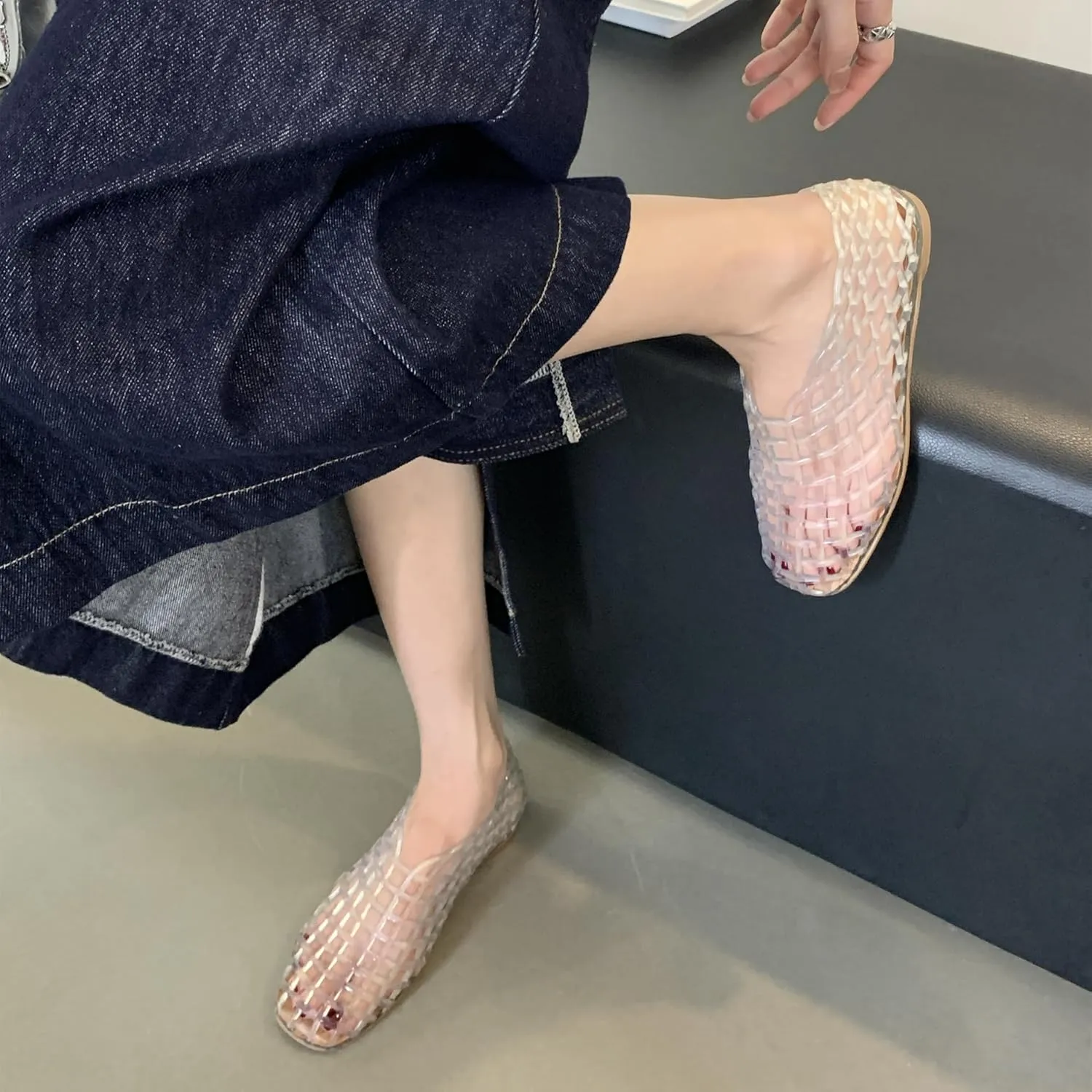 Jelly Mesh Ballet Flats for Women Clear Hollow Jelly Shoes Sandals Round Toe Non-Slip Beach Ballerina Jellies Flats Shoes