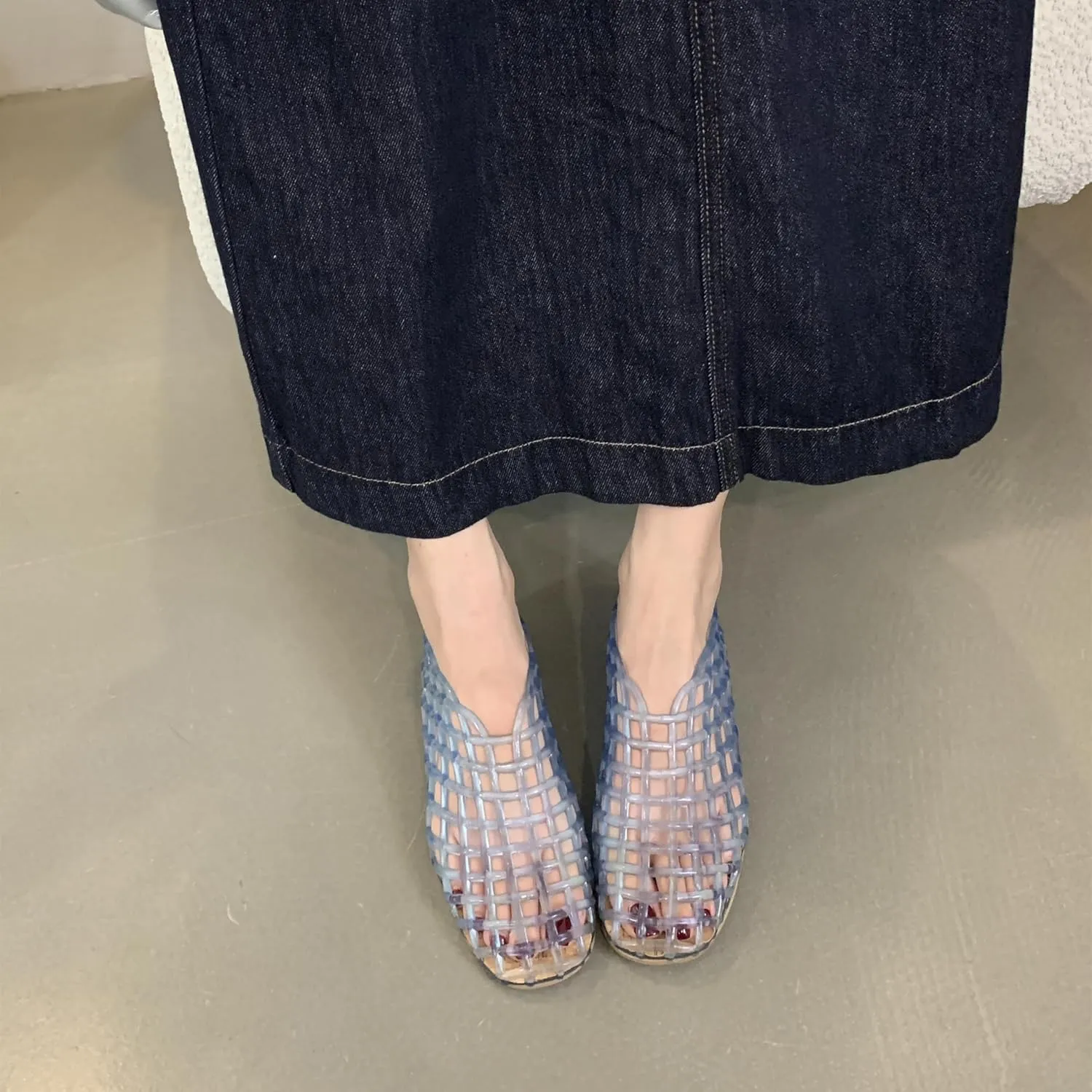 Jelly Mesh Ballet Flats for Women Clear Hollow Jelly Shoes Sandals Round Toe Non-Slip Beach Ballerina Jellies Flats Shoes