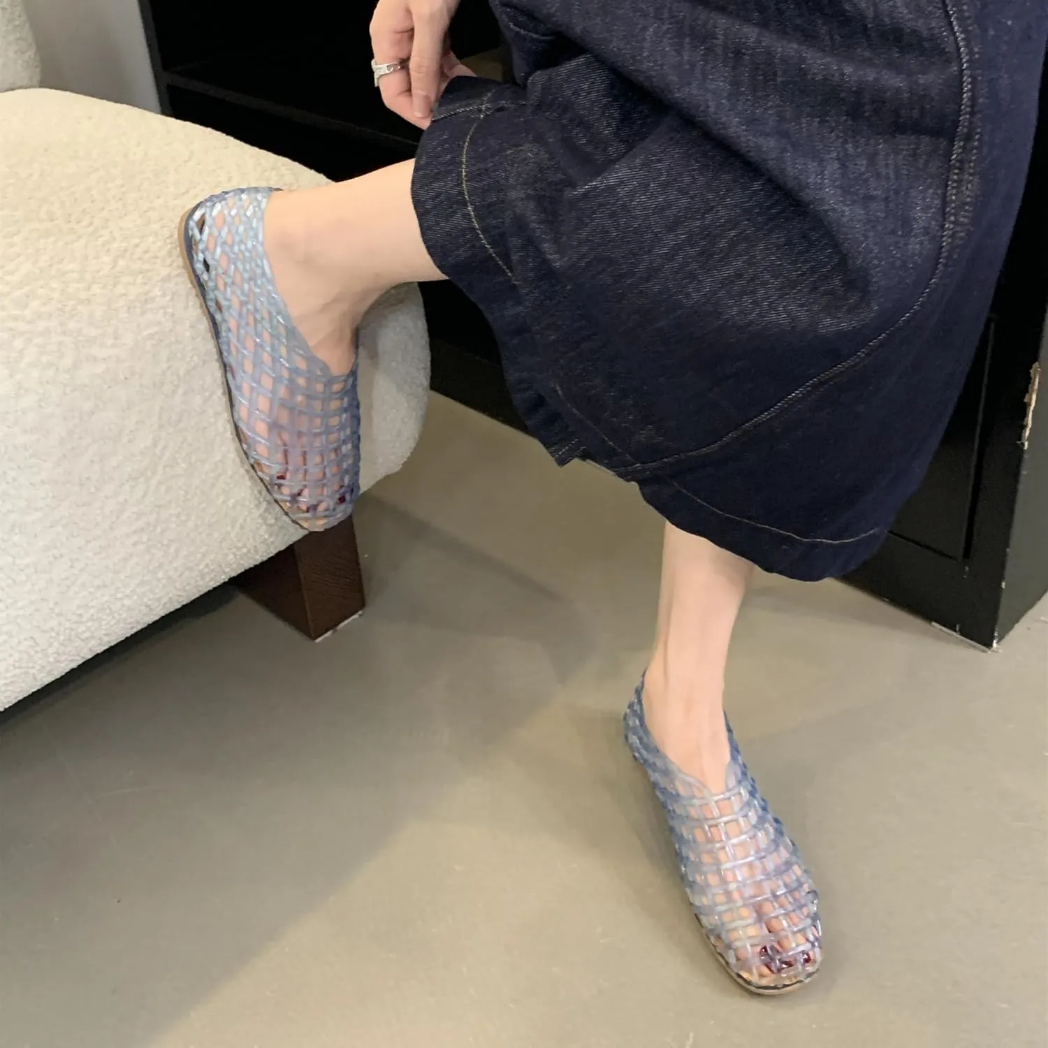 Jelly Mesh Ballet Flats for Women Clear Hollow Jelly Shoes Sandals Round Toe Non-Slip Beach Ballerina Jellies Flats Shoes