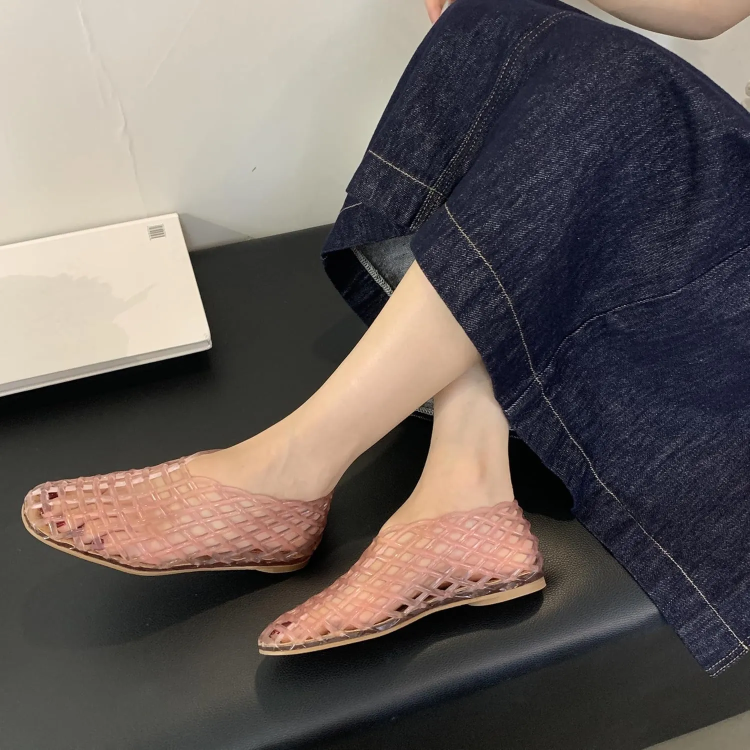 Jelly Mesh Ballet Flats for Women Clear Hollow Jelly Shoes Sandals Round Toe Non-Slip Beach Ballerina Jellies Flats Shoes