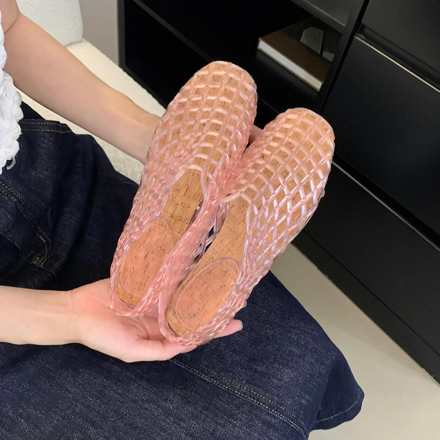 Jelly Mesh Ballet Flats for Women Clear Hollow Jelly Shoes Sandals Round Toe Non-Slip Beach Ballerina Jellies Flats Shoes