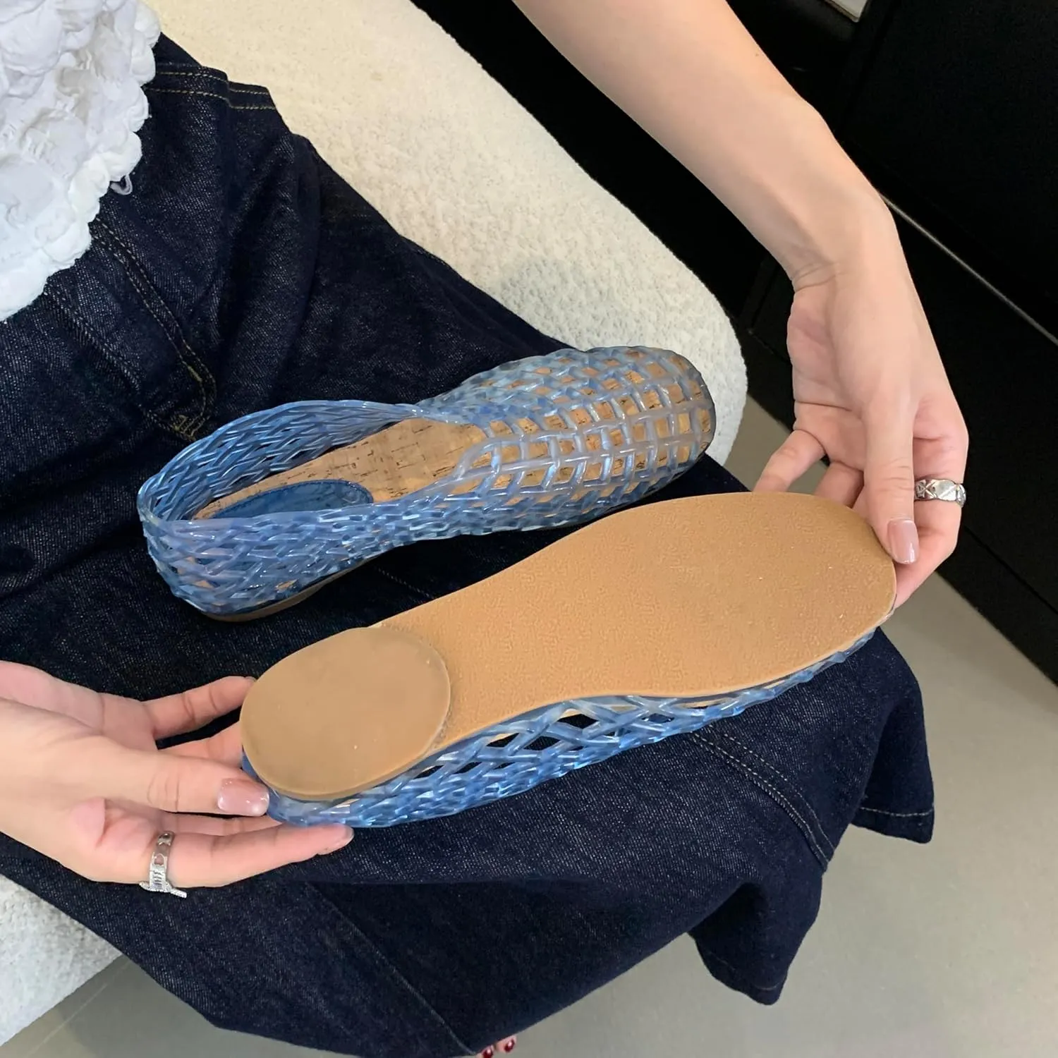 Jelly Mesh Ballet Flats for Women Clear Hollow Jelly Shoes Sandals Round Toe Non-Slip Beach Ballerina Jellies Flats Shoes