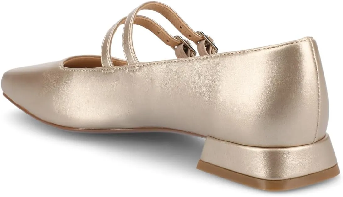 Journee Collection Womens Gredah Mary Jane Dress Flats Strappy Double Buckle Slip On Cushioned Block Heel Square Toe