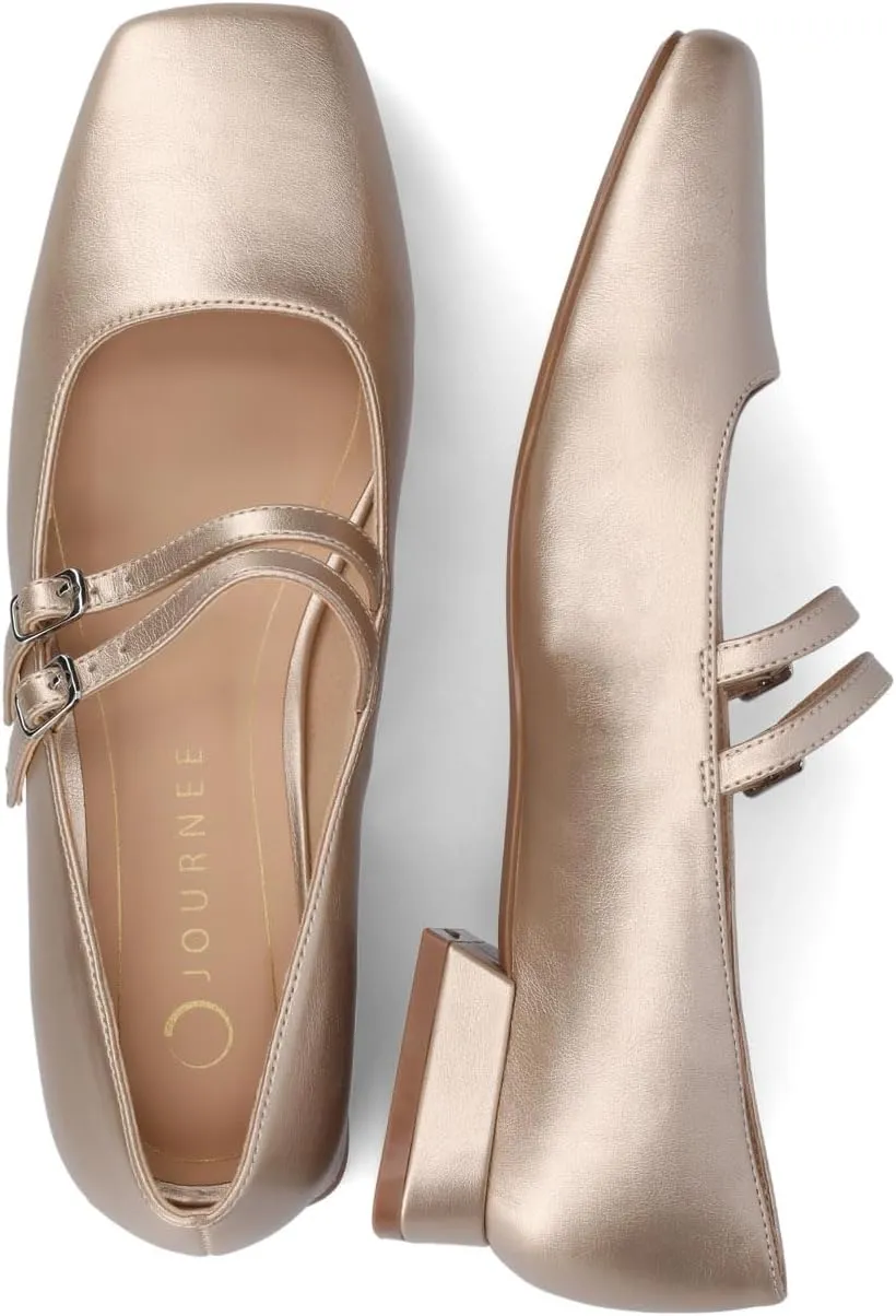 Journee Collection Womens Gredah Mary Jane Dress Flats Strappy Double Buckle Slip On Cushioned Block Heel Square Toe