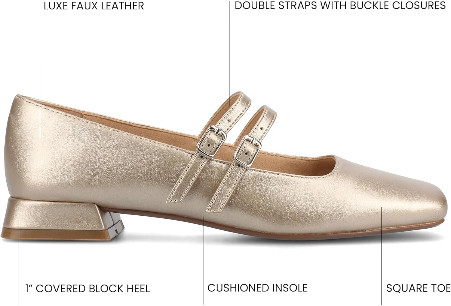 Journee Collection Womens Gredah Mary Jane Dress Flats Strappy Double Buckle Slip On Cushioned Block Heel Square Toe