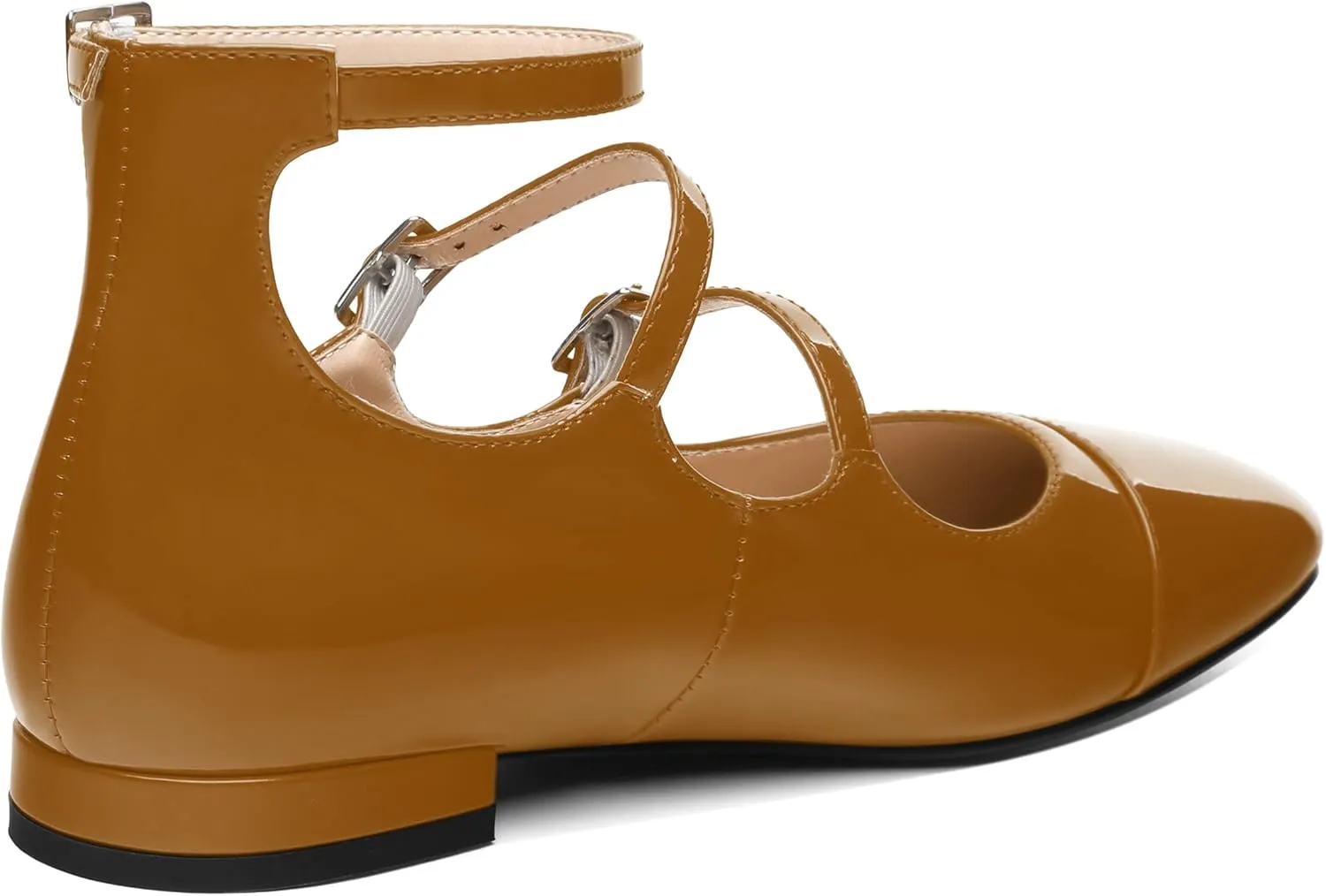 JUSTDANNI Flats for Women Mary Jane Shoes with Round Toe Low Chunky Block Heels Fashion Patent Ankle Strap Pumps for Wedding Party Dating Work