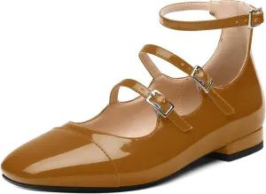 JUSTDANNI Flats for Women Mary Jane Shoes with Round Toe Low Chunky Block Heels Fashion Patent Ankle Strap Pumps for Wedding Party Dating Work