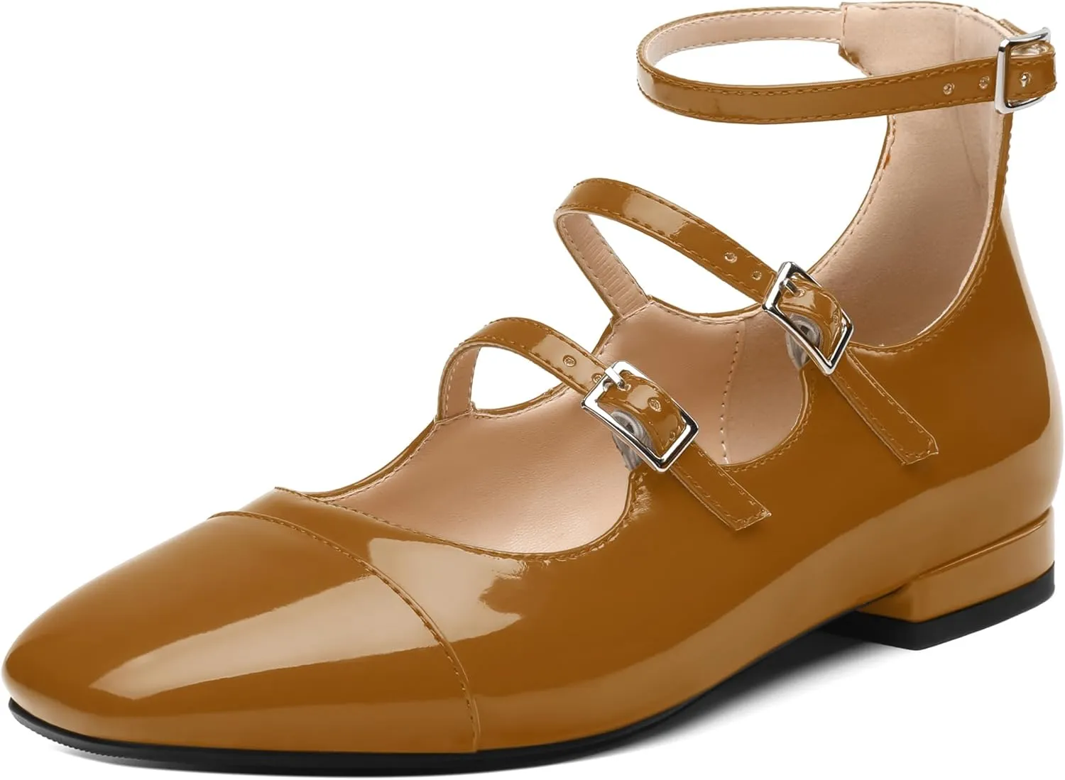 JUSTDANNI Flats for Women Mary Jane Shoes with Round Toe Low Chunky Block Heels Fashion Patent Ankle Strap Pumps for Wedding Party Dating Work