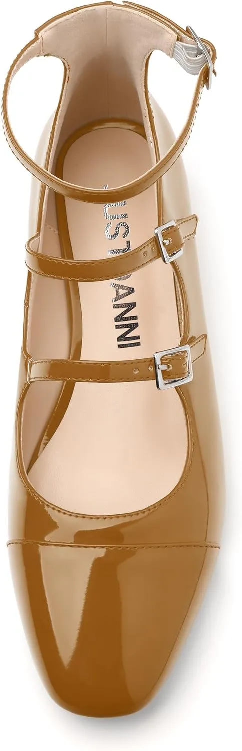 JUSTDANNI Flats for Women Mary Jane Shoes with Round Toe Low Chunky Block Heels Fashion Patent Ankle Strap Pumps for Wedding Party Dating Work