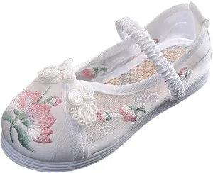 Kids Girls Floral Embroidered Flat Shoes Lightweight Mesh Mary-Jane Ballet Shoes for Little Kid Big Kid