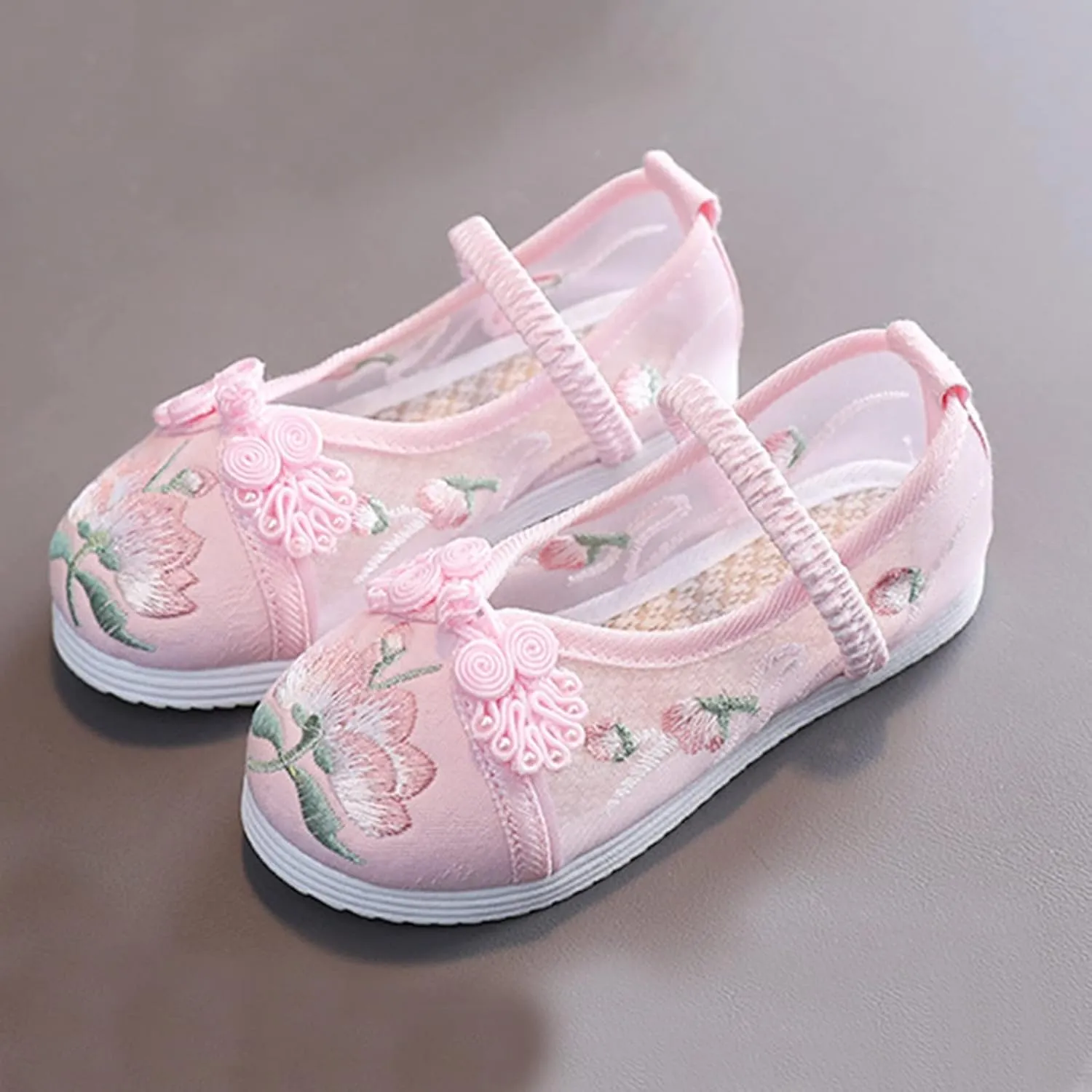 Kids Girls Floral Embroidered Flat Shoes Lightweight Mesh Mary-Jane Ballet Shoes for Little Kid Big Kid