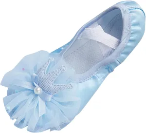 Leather Ballet Shoes Toddler Girls Ballet Slippers with Bow No-Tie Baby Dance Shoes Non-Slip Yoga Shoes (Blue, 12.5 Little Child)