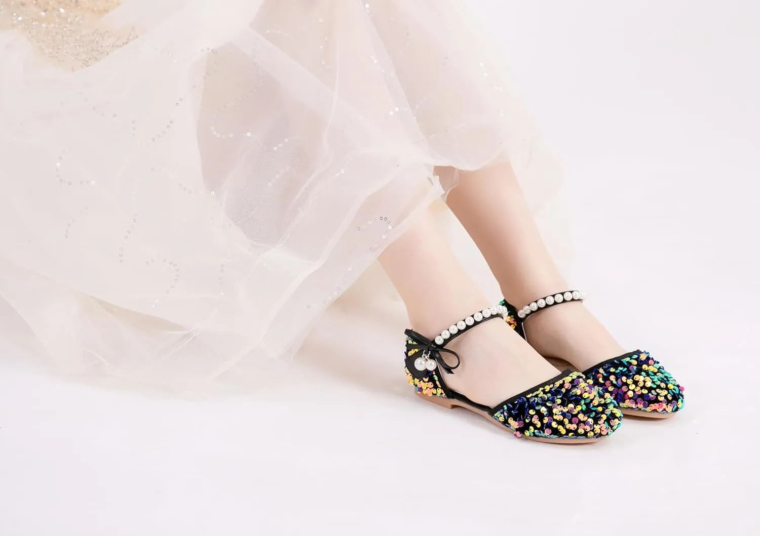 Little Girls Adorable Sparkle Ballerina Ballet Flats Pearl Strap Princess Dance Shoe Toddler Sequin Party Dress Up Mary Jane Shoes