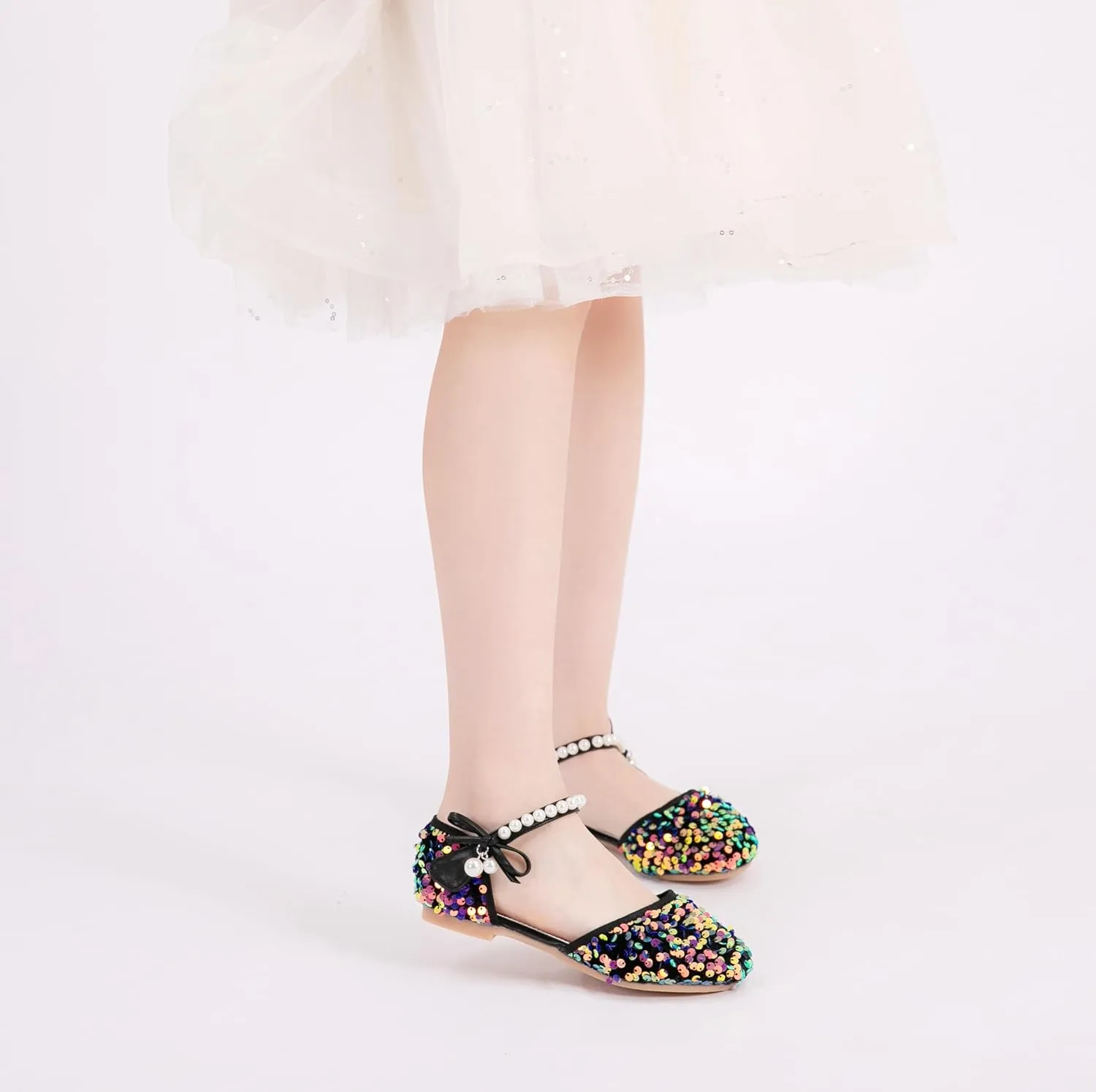 Little Girls Adorable Sparkle Ballerina Ballet Flats Pearl Strap Princess Dance Shoe Toddler Sequin Party Dress Up Mary Jane Shoes