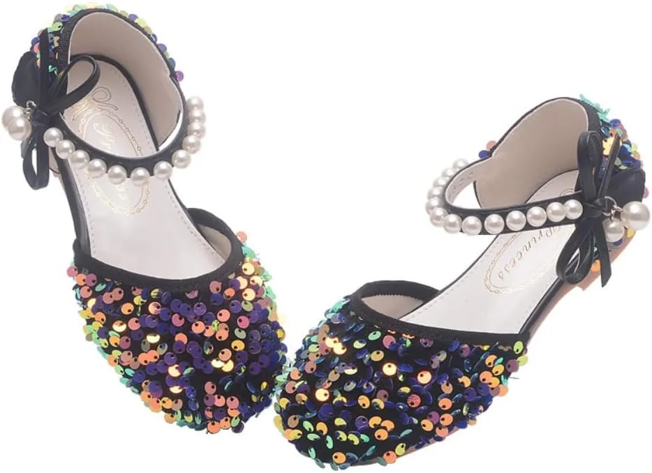 Little Girls Adorable Sparkle Ballerina Ballet Flats Pearl Strap Princess Dance Shoe Toddler Sequin Party Dress Up Mary Jane Shoes