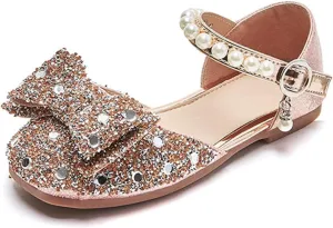 Little Girls Sandals Glitter Dress Shoes Sequins Princess Sandals Toddler Flower Wedding Party Shoes Mary Jane Bowknot Rhinestone Princess Ballet Flats