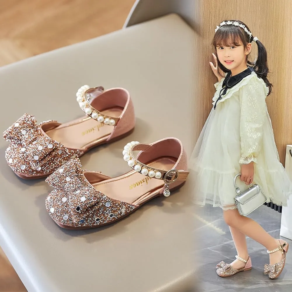 Little Girls Sandals Glitter Dress Shoes Sequins Princess Sandals Toddler Flower Wedding Party Shoes Mary Jane Bowknot Rhinestone Princess Ballet Flats